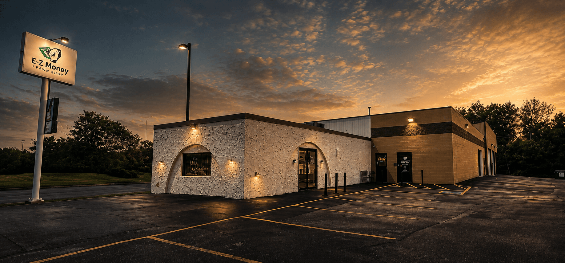 EZ Money Pawn Shop storefront in Omaha at dusk