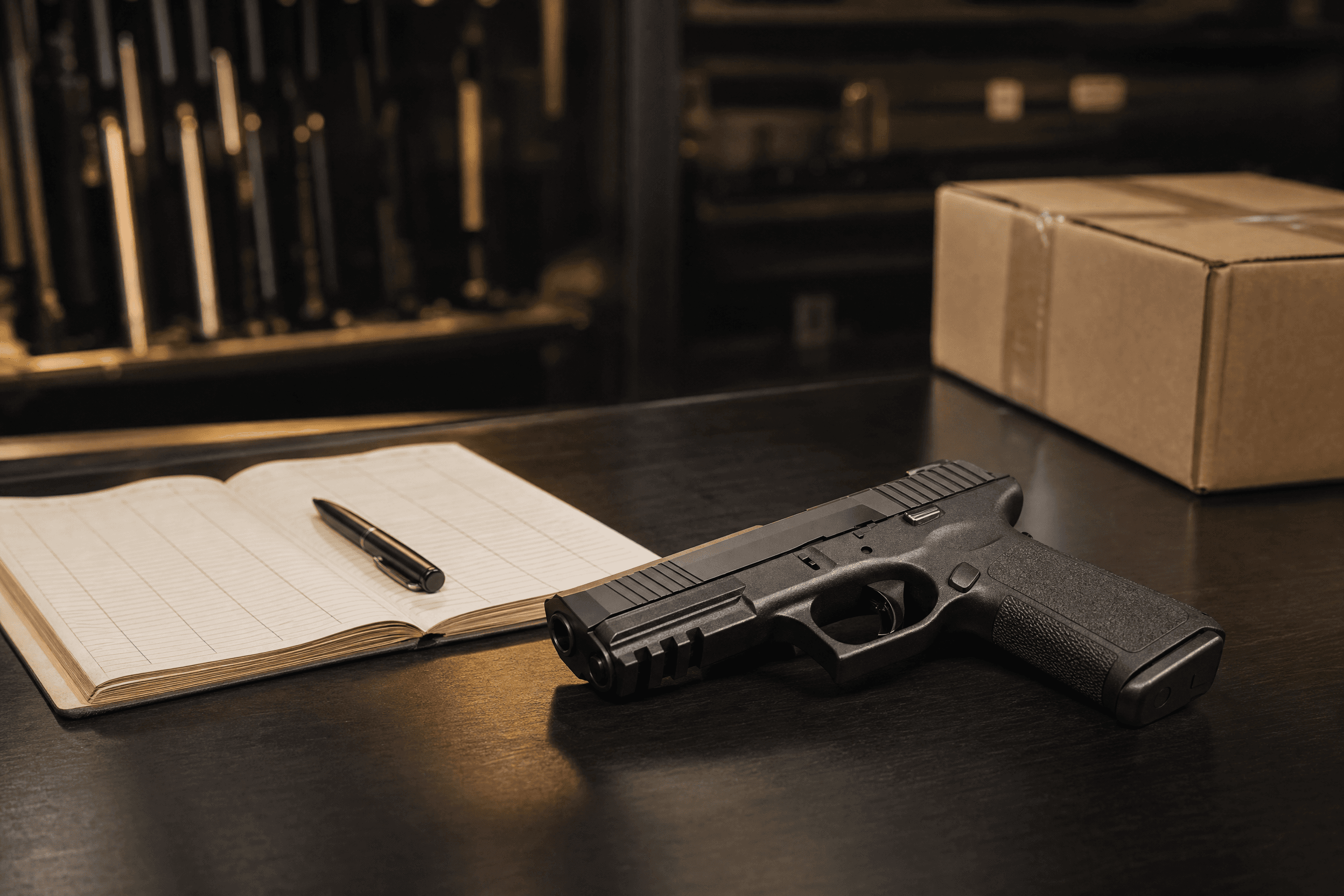 A handgun on the counter beside an FFL transfer logbook