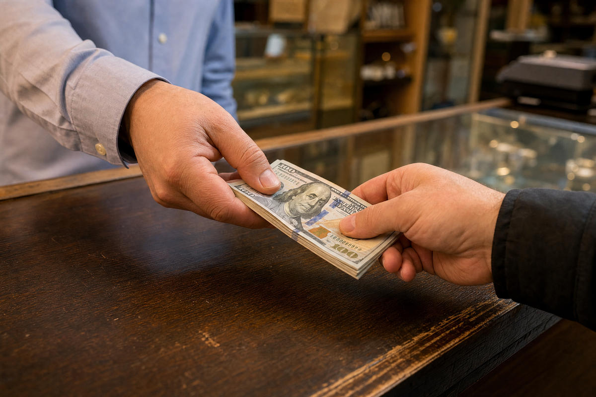 a friendly pawn shop employee handing cash to a customer