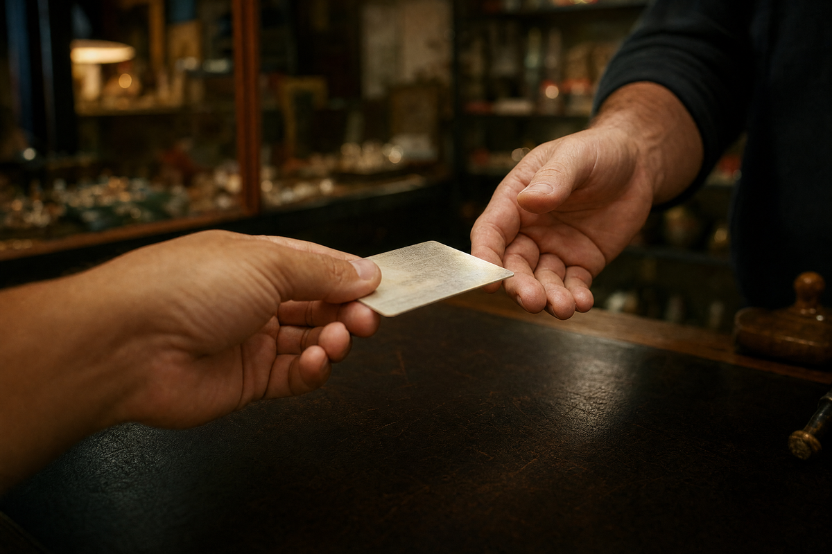 a customer showing their identification card to a pawn shop employee