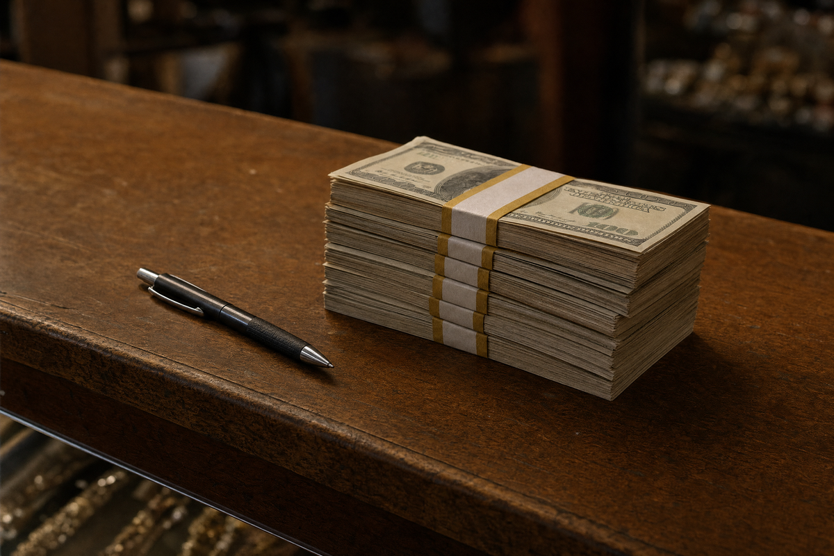 a stack of cash and a pen on a pawn shop counter