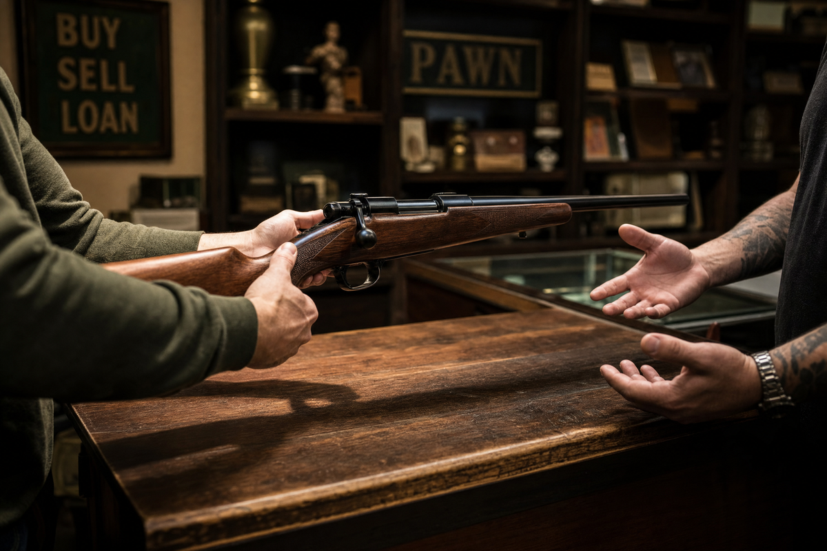 a customer handing a rifle across a pawn shop counter