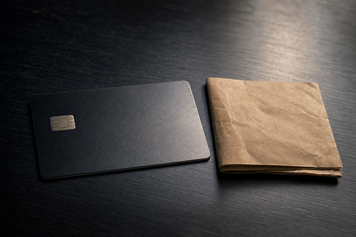 a credit card and a pawn ticket side by side
