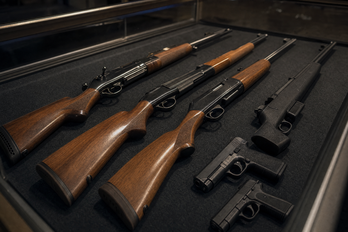 a row of various firearms laid out on a felt-lined display case