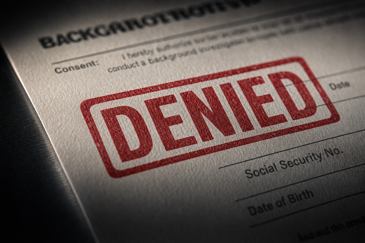 a close-up of a denied stamp on a background check form