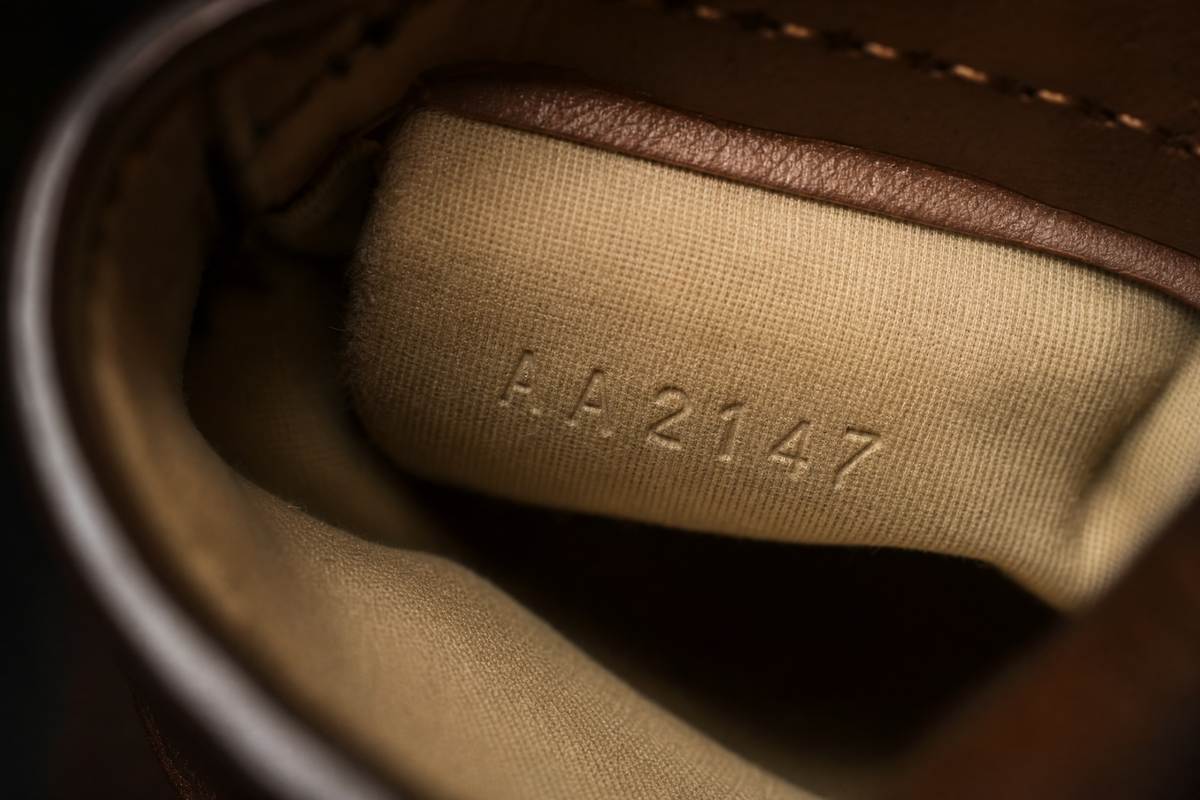 a close-up of a date code stamped inside a handbag lining