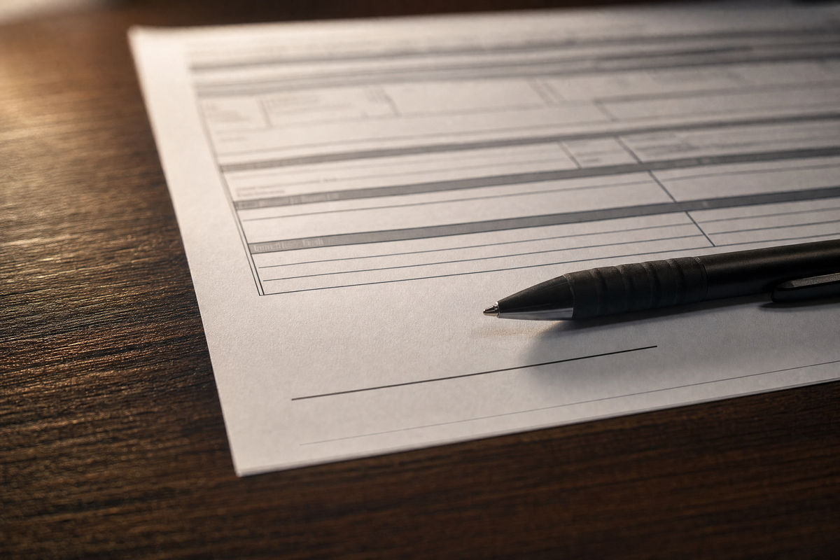 a close-up of a federal firearm form on a wooden counter
