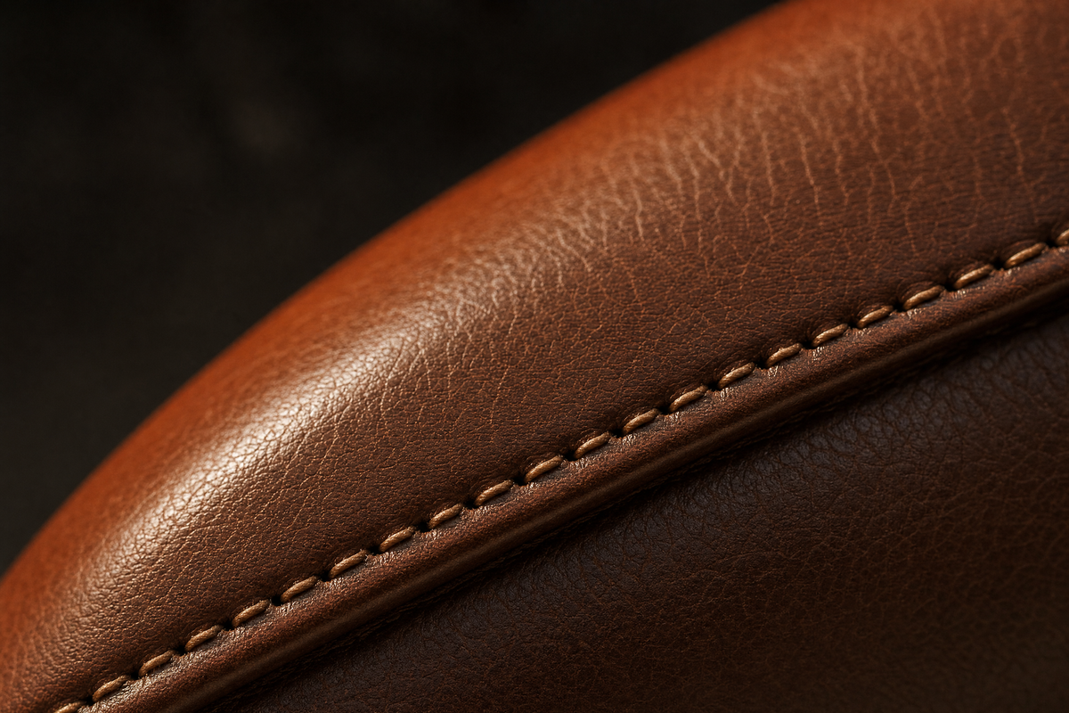 a macro shot of even diagonal stitching on a leather seam