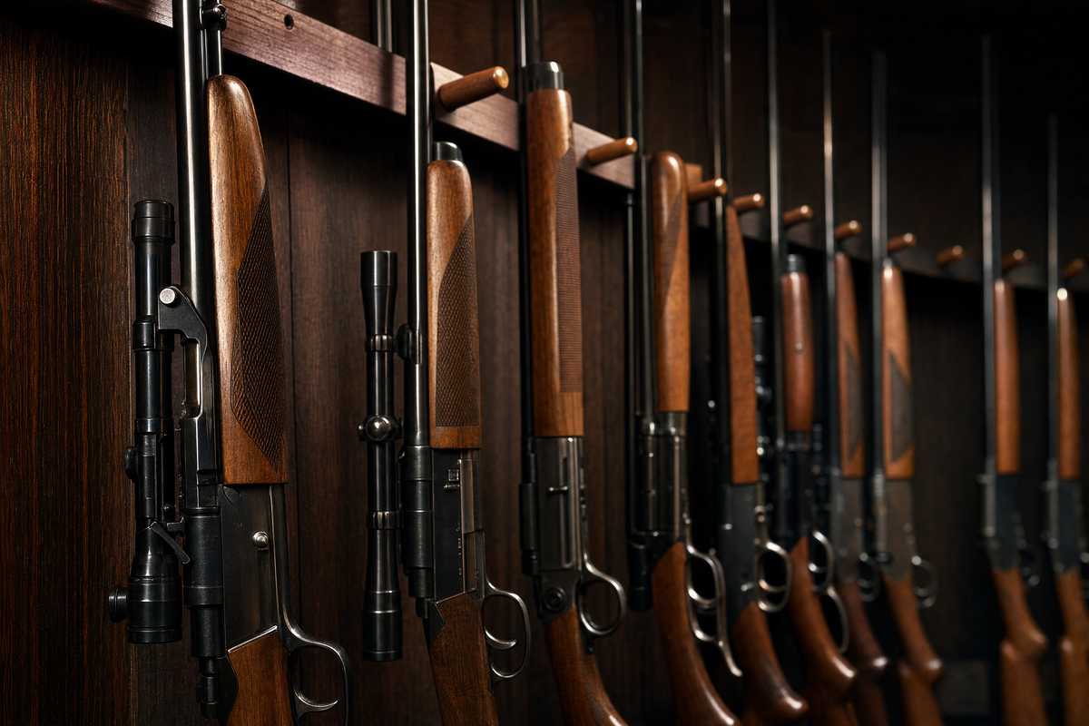 a neatly organized display of long guns mounted on a shop wall