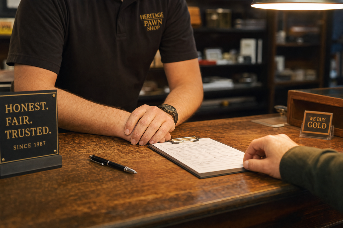 a friendly pawn shop employee behind a counter helping a customer with paperwork
