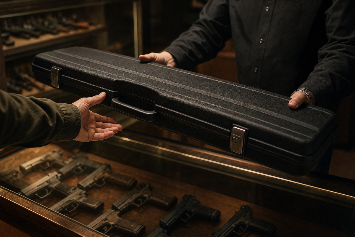 a dealer handing a rifle case to a customer across a glass display case
