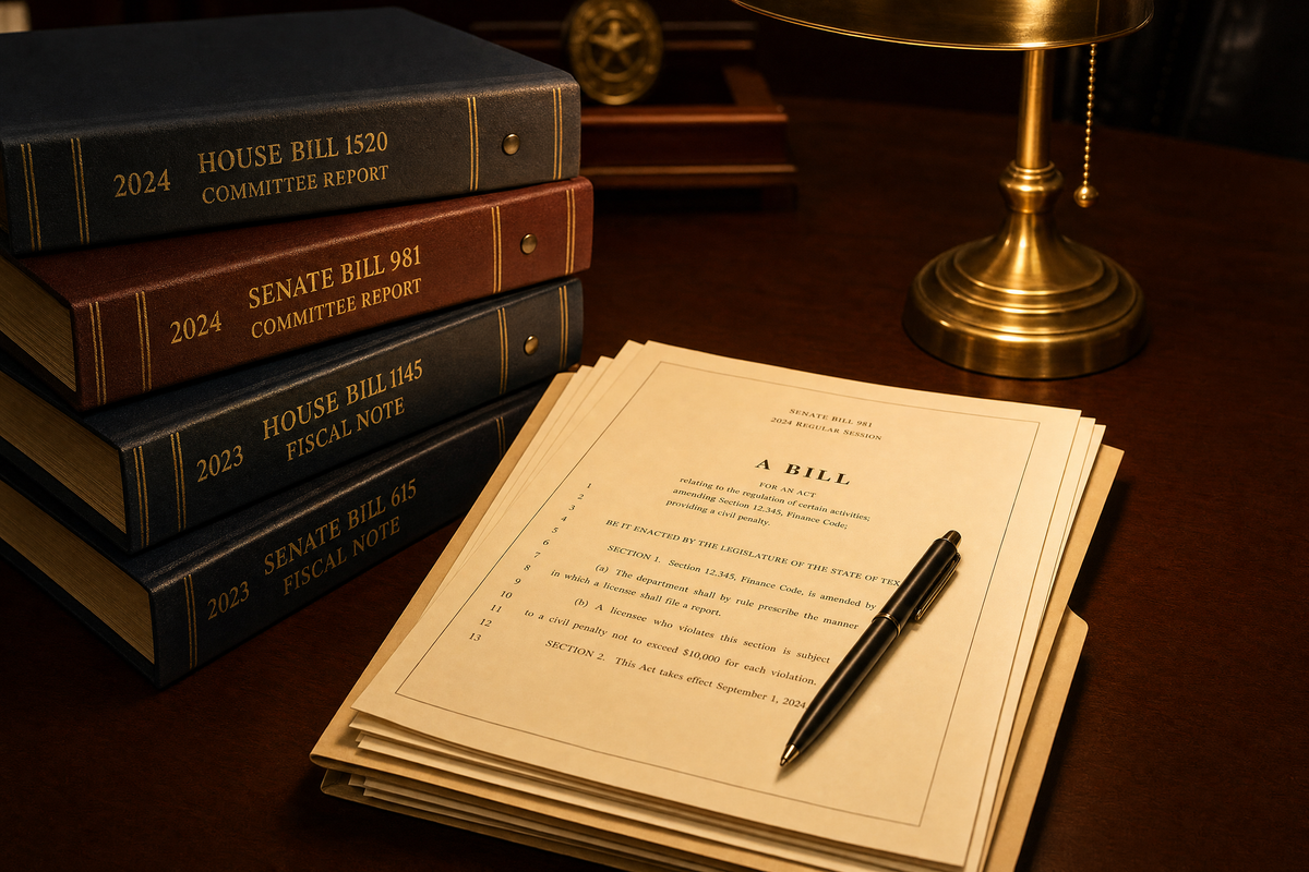 a stack of legislative documents on a desk with a pen and a reading light