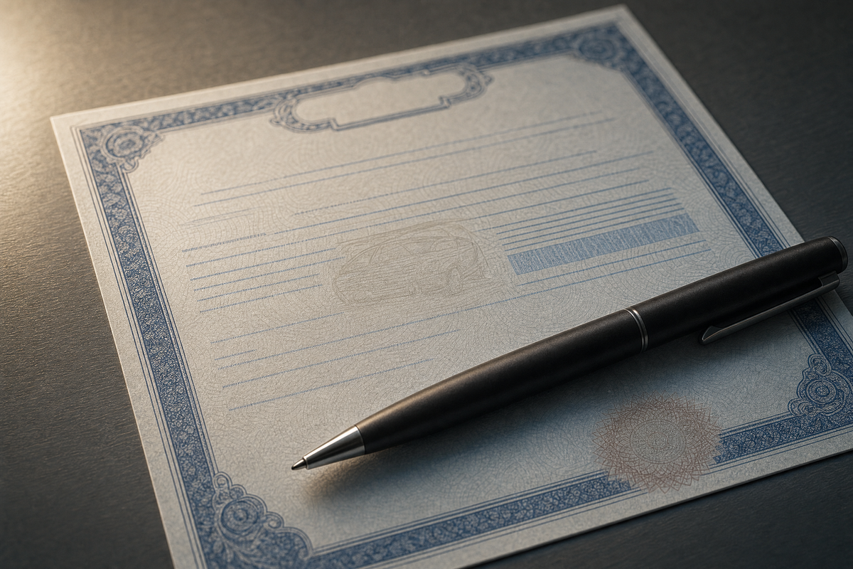 a close up of a car title document with a pen resting on it