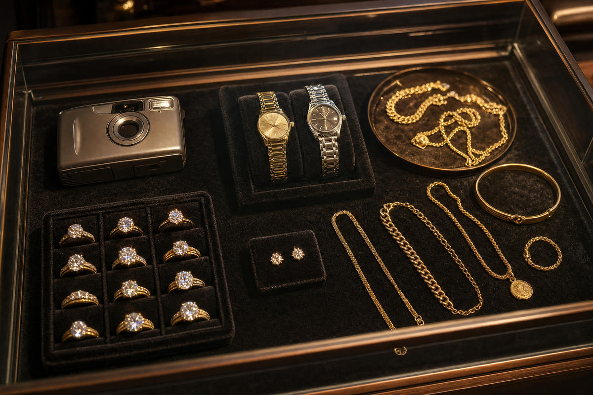 a display case full of jewelry and electronics