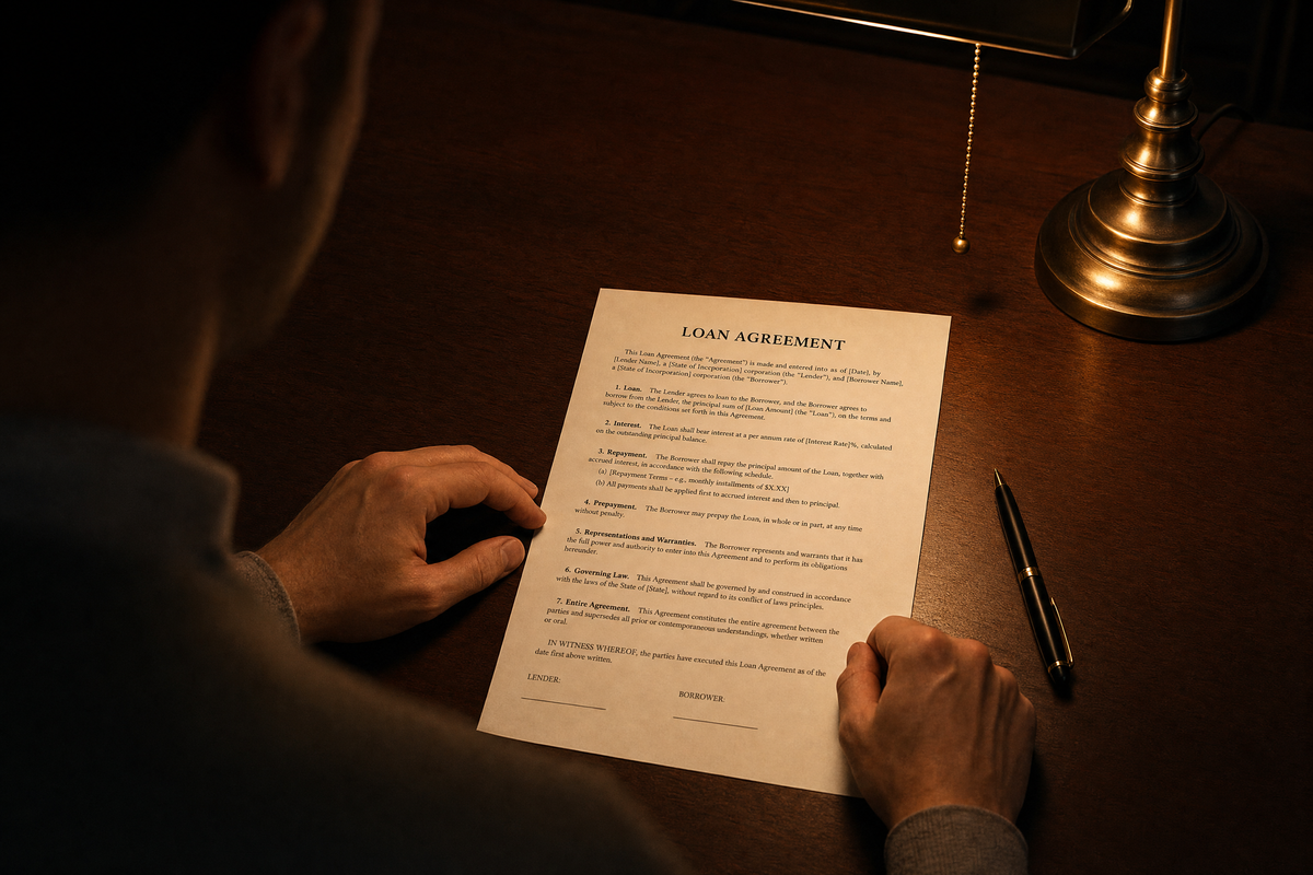 a person sitting at a desk reviewing a loan agreement