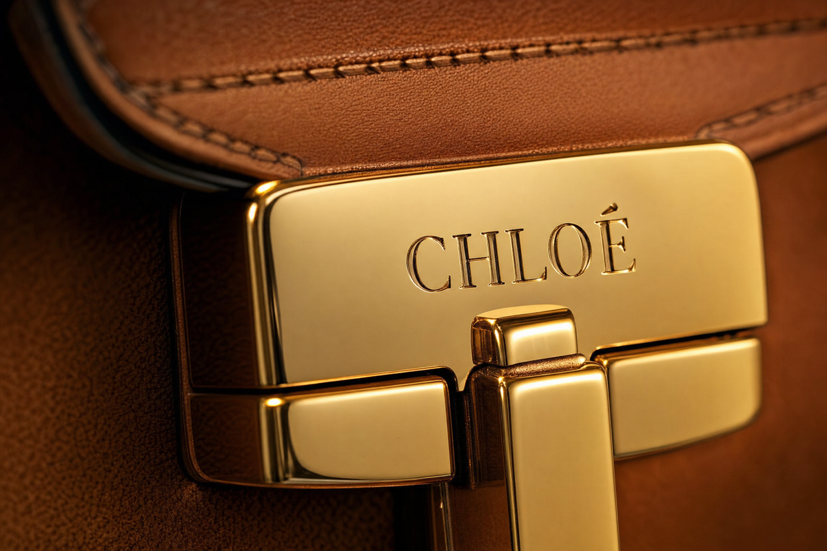 a close-up of a polished metal clasp with a deeply engraved brand name