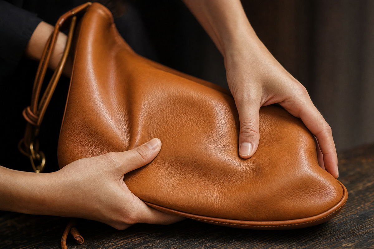 hands pressing into the supple leather of a designer handbag
